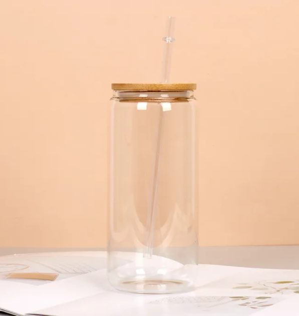 Sublimation frosted/clear glass cup with bamboo lid and plastic straw